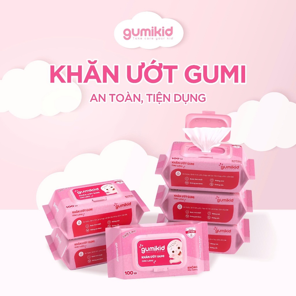 (KID)Thùng 10/ 5 gói khăn ướt Gumi không cồn không parabens cao cấp.