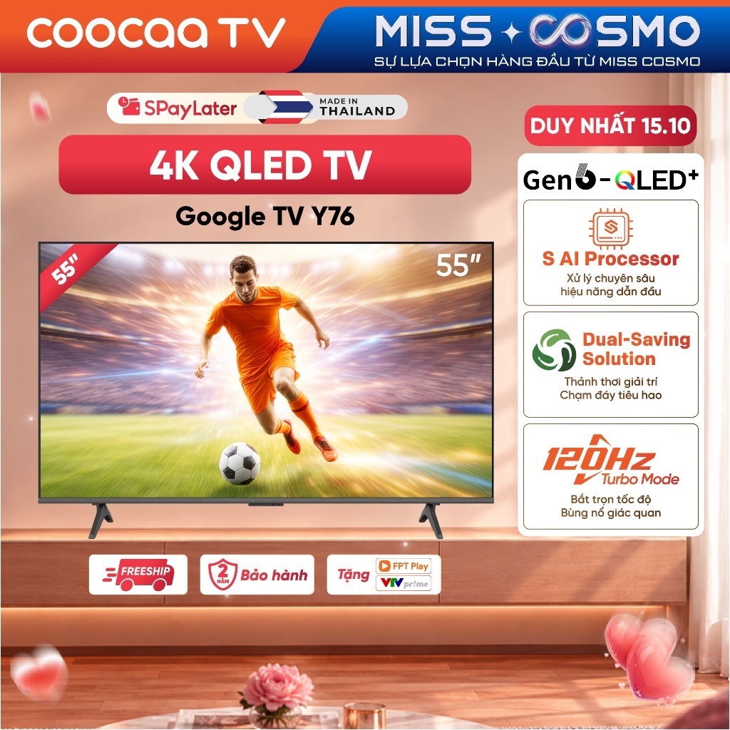 [QLED] Smart Google TV COOCAA 55 inch QLED 55Y76 Điều Khiển Bằng Giọng Nói | HSR 120Hz | HDR10+ -Miễn phí lắp đặt HN&HCM