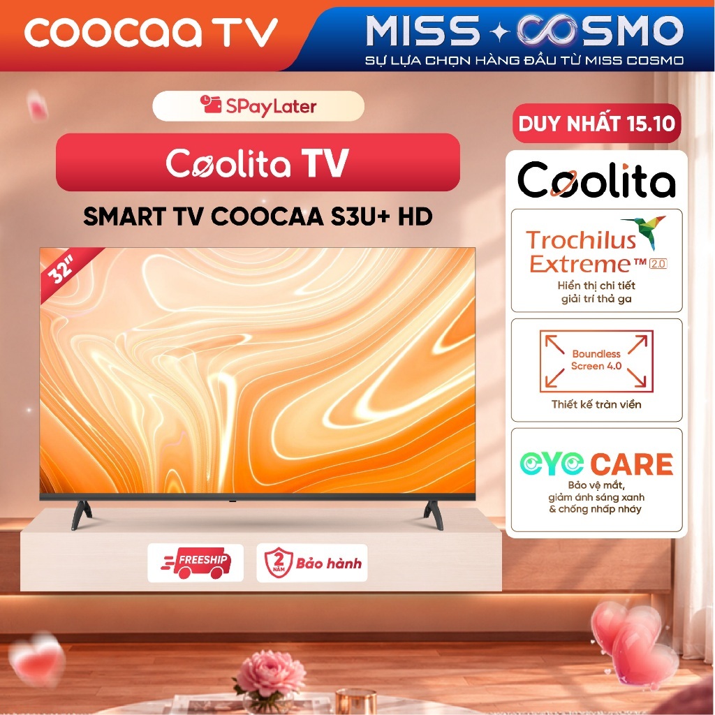 Smart TV COOCAA 32 Inch HD 32S3U+ | Game Mode | WiFi | 2 HDMI 2 USB | Dolby Audio - Miễn phí lắp đặt HN&HCM