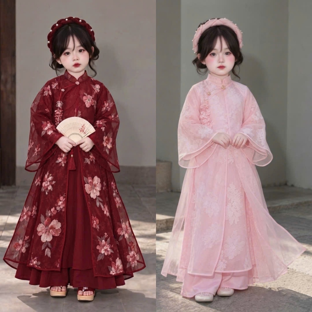 Áo dài Tết cho bé gái, Áo dài cách tân tơ hoa lót lụa kèm cành hoa cài ngực cho bé 8-32kg Baby Trendy