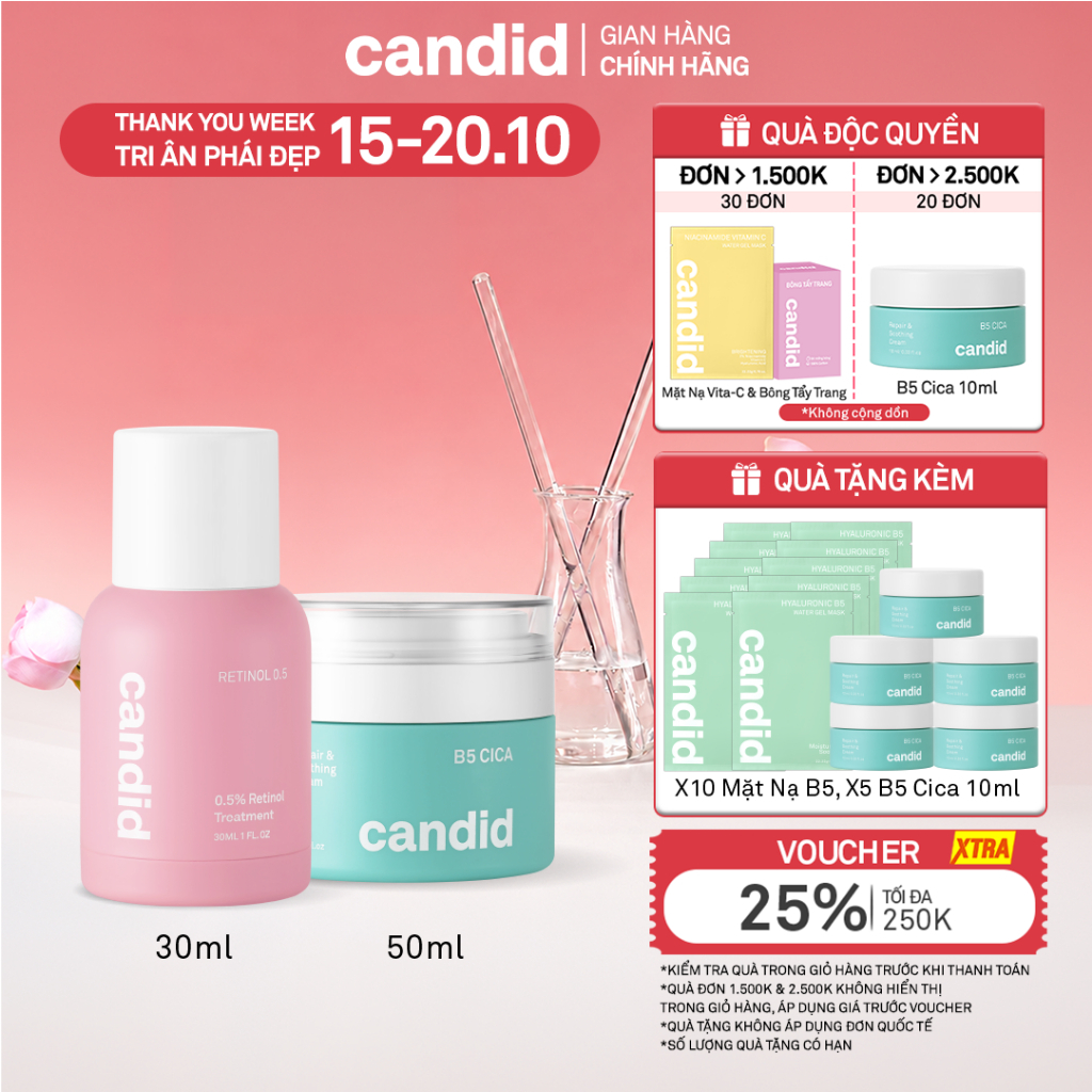 Bộ Đôi Hỗ Trợ Cải Thiện Và Phục Hồi Làn Da Candid Retinol 0.5% 30ml & Kem Dưỡng B5 Cica 50ml