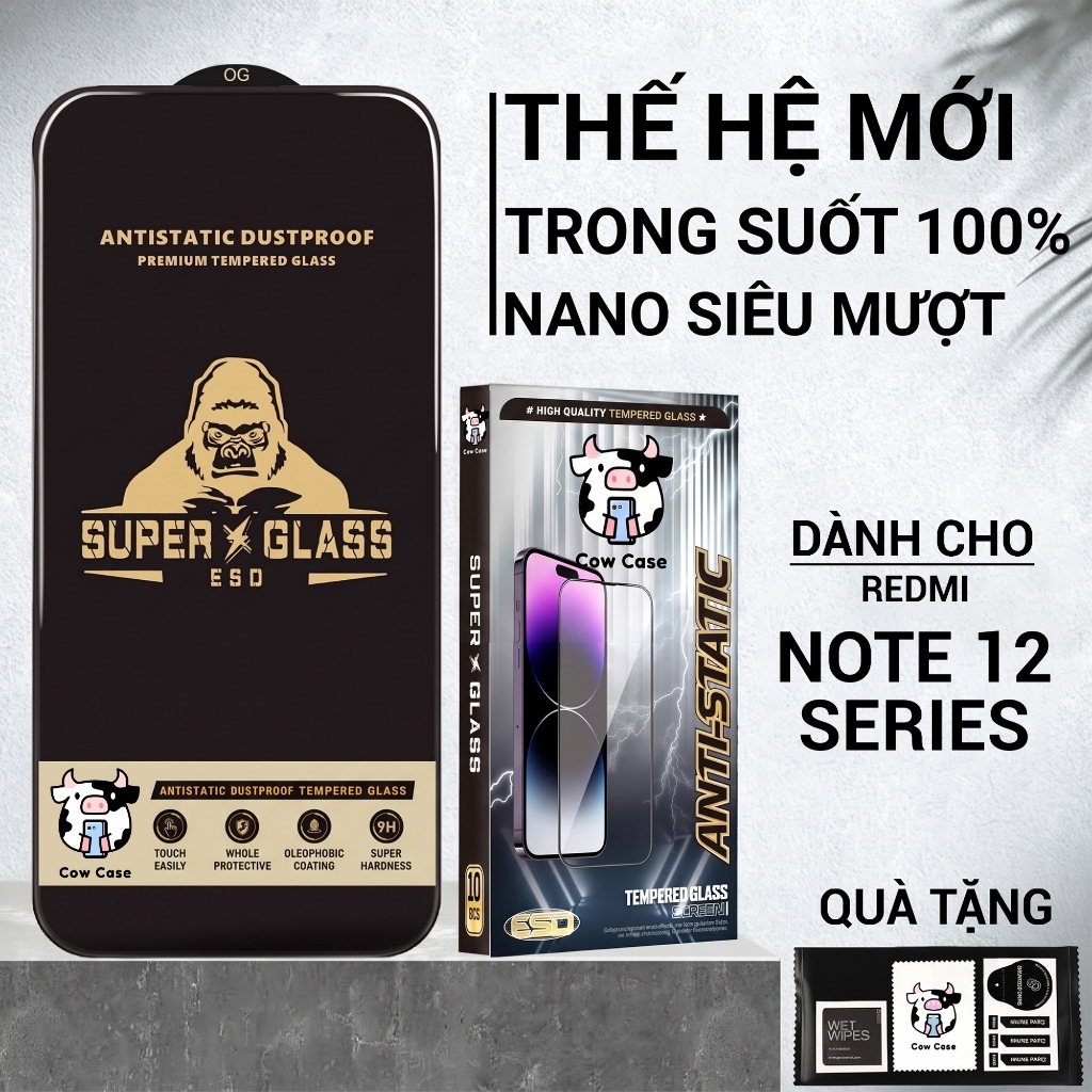 Cường lực Redmi Note 12 Pro, Note 12 turbo,12r, 12s, 12T 5G 4G Cowcase full màn | Miếng kính dán bảo vệ màn hình Xiaomi