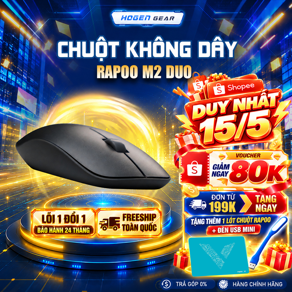 Chuột Không Dây Rapoo M2 Duo | Bluetooth 5.0 Wireless 2.4G | Click Không tiếng ồn | DPI 4000 | BH 24 Tháng