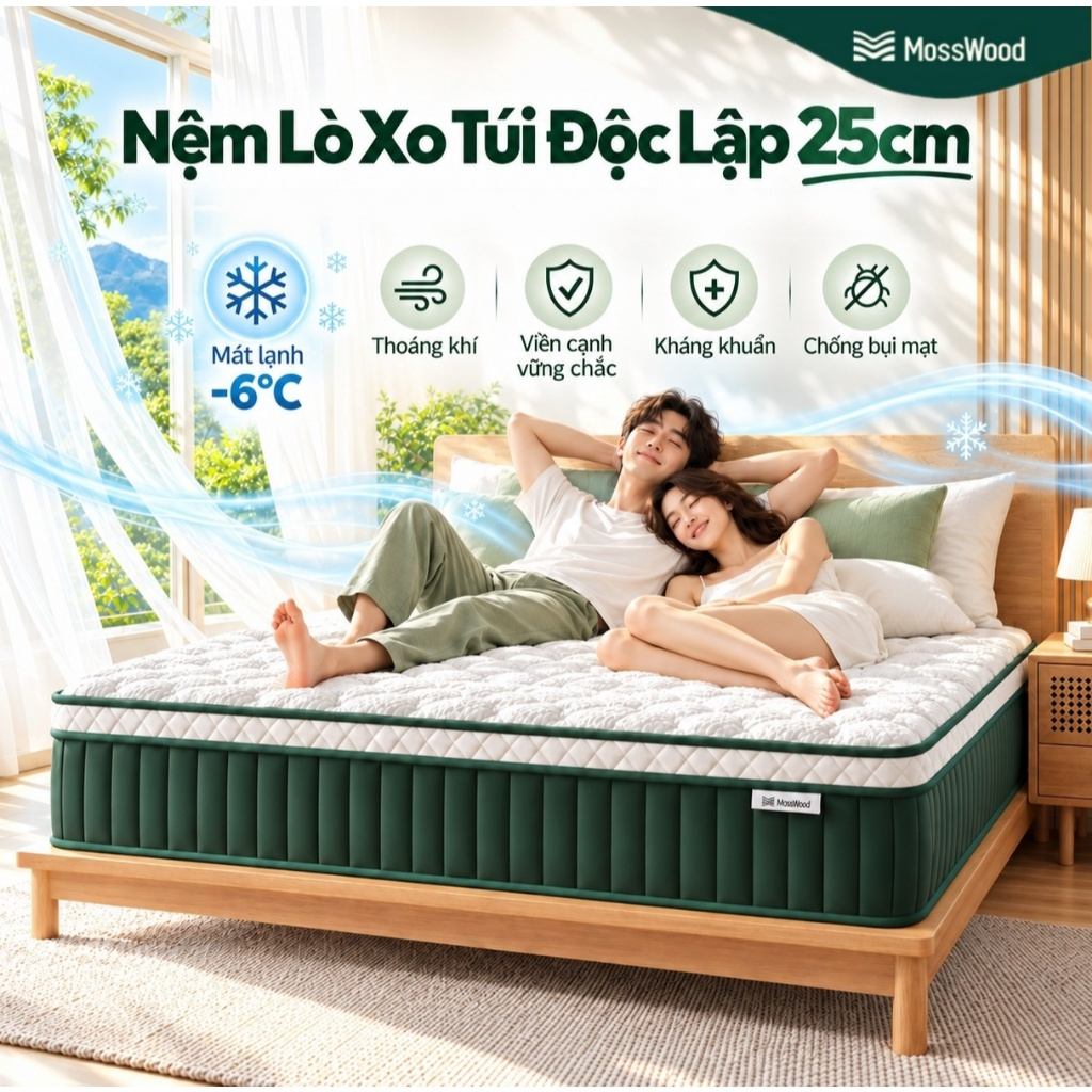 Nệm Lò Xo Túi Độc Lập MOSSWOOD Mát Lạnh - Vải Ice-Silk & Gel Foam Thoáng Khí 25cm
