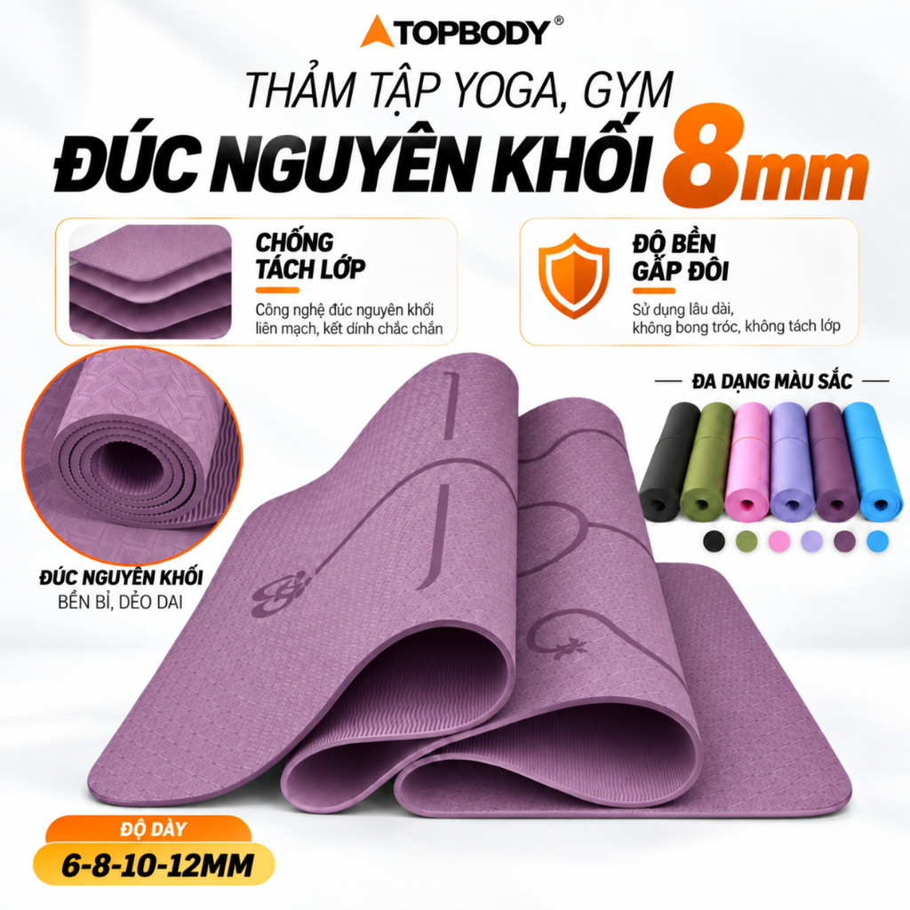 Thảm Tập Yoga Nguyên Khối 8mm TOPBODY Định Tuyến TPE Cao Cấp Chống Trượt Gấp Đôi Độ Bền