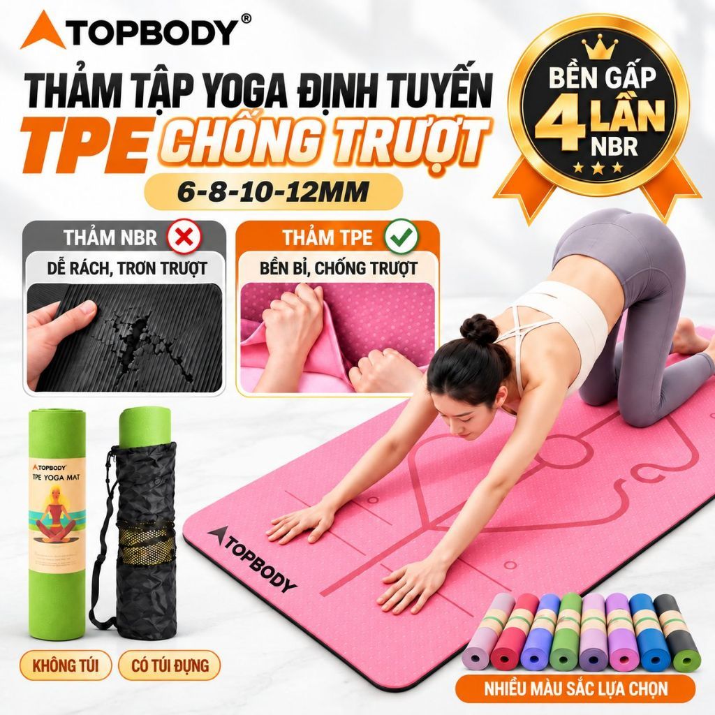 Thảm Yoga Định Tuyến TOPBODY 6/8/10mm Chống Trượt Chất Liệu TPE Cao Cấp Kèm Túi Đựng Đàn Hồi Tốt