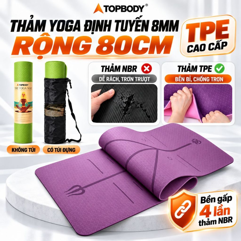 Thảm Tập Thể Dục Rộng 80cm TOPBODY TPE 2 Lớp Chống Trượt Dùng Tập Yoga Gym Tại Nhà Dày 6/8mm