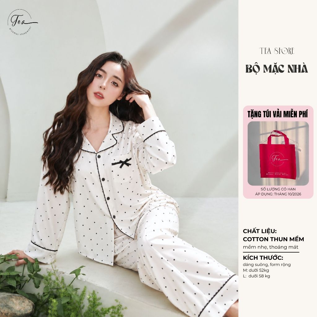 Bộ mặc nhà Pyjama chất COTTON thun mềm TEA tay dài quần dài chấm bi