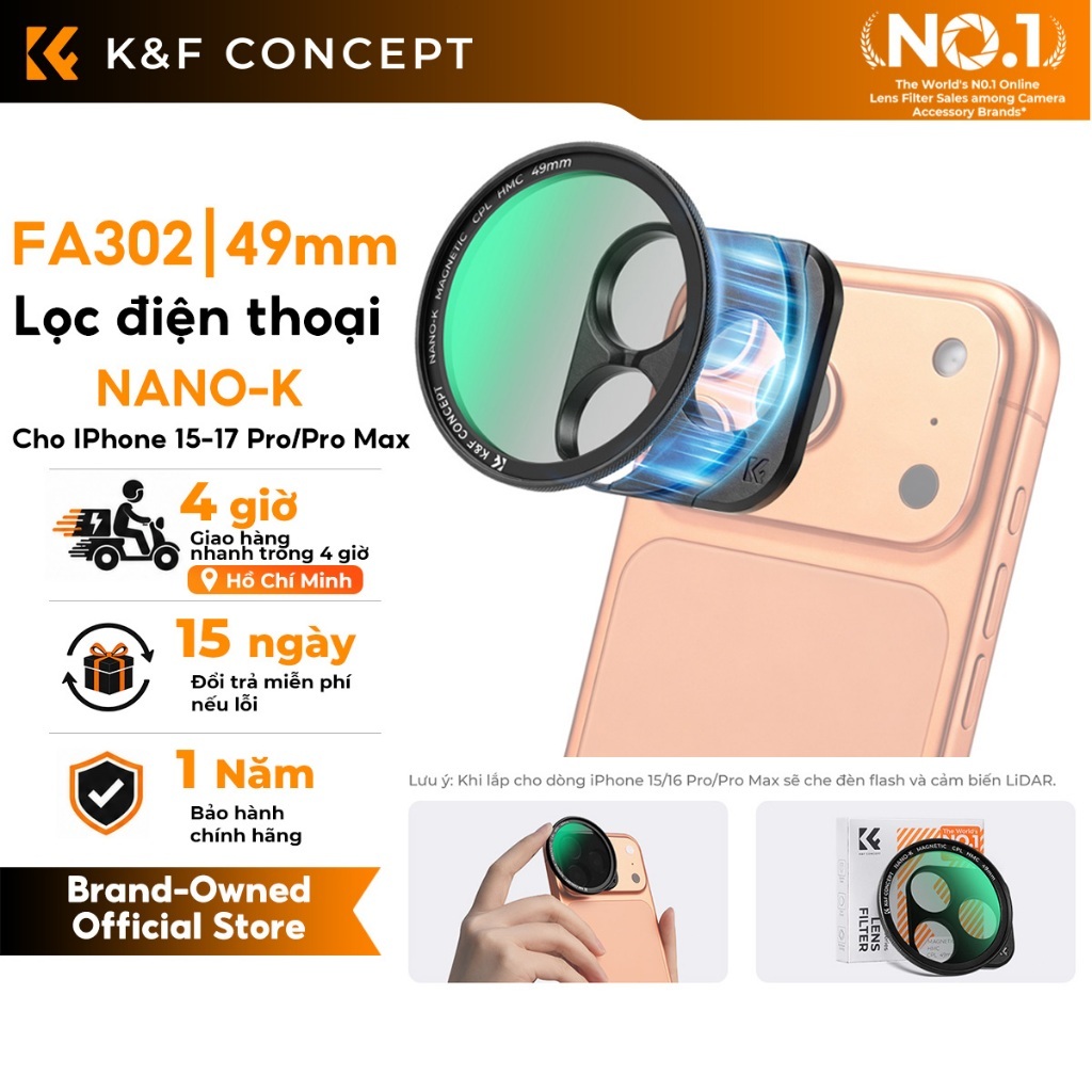 K&F CONCEPT FA302 NANO-K 49mm Bộ lọc từ tính đế tháo rời CPL, Black Mist, 4-Point Star cho iPhone 15-17 Pro/Pro Max