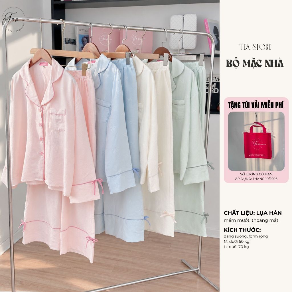 [FORM RỘNG] Bộ mặc nhà Pyjama chất đũi mềm TEA họa tiết hoa im chìm 4 màu pastel xinh xắn DÀI