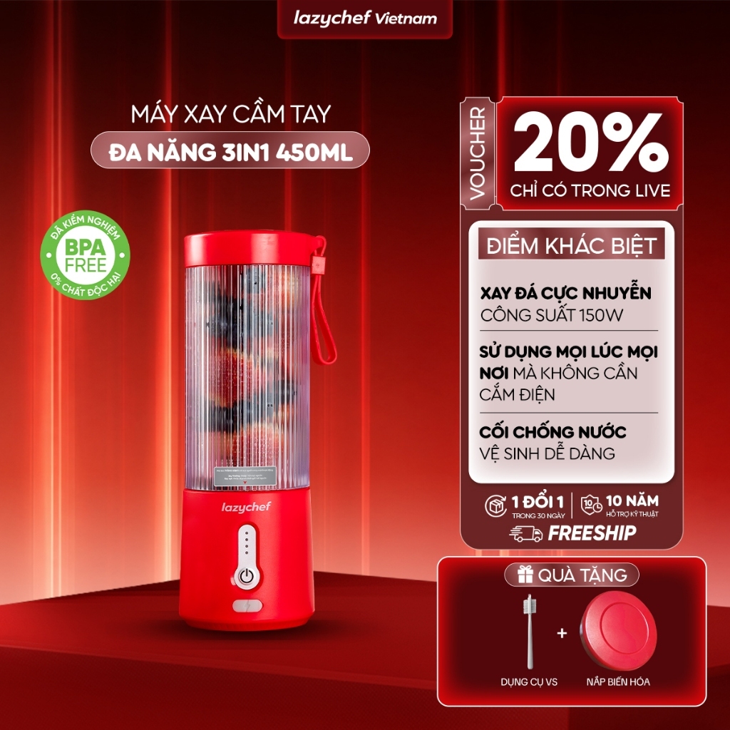Máy xay sinh tố cầm tay Lazychef 150w, dung tích 450ml, xay đá cực nhuyễn, bảo hành chính hãng 12 tháng