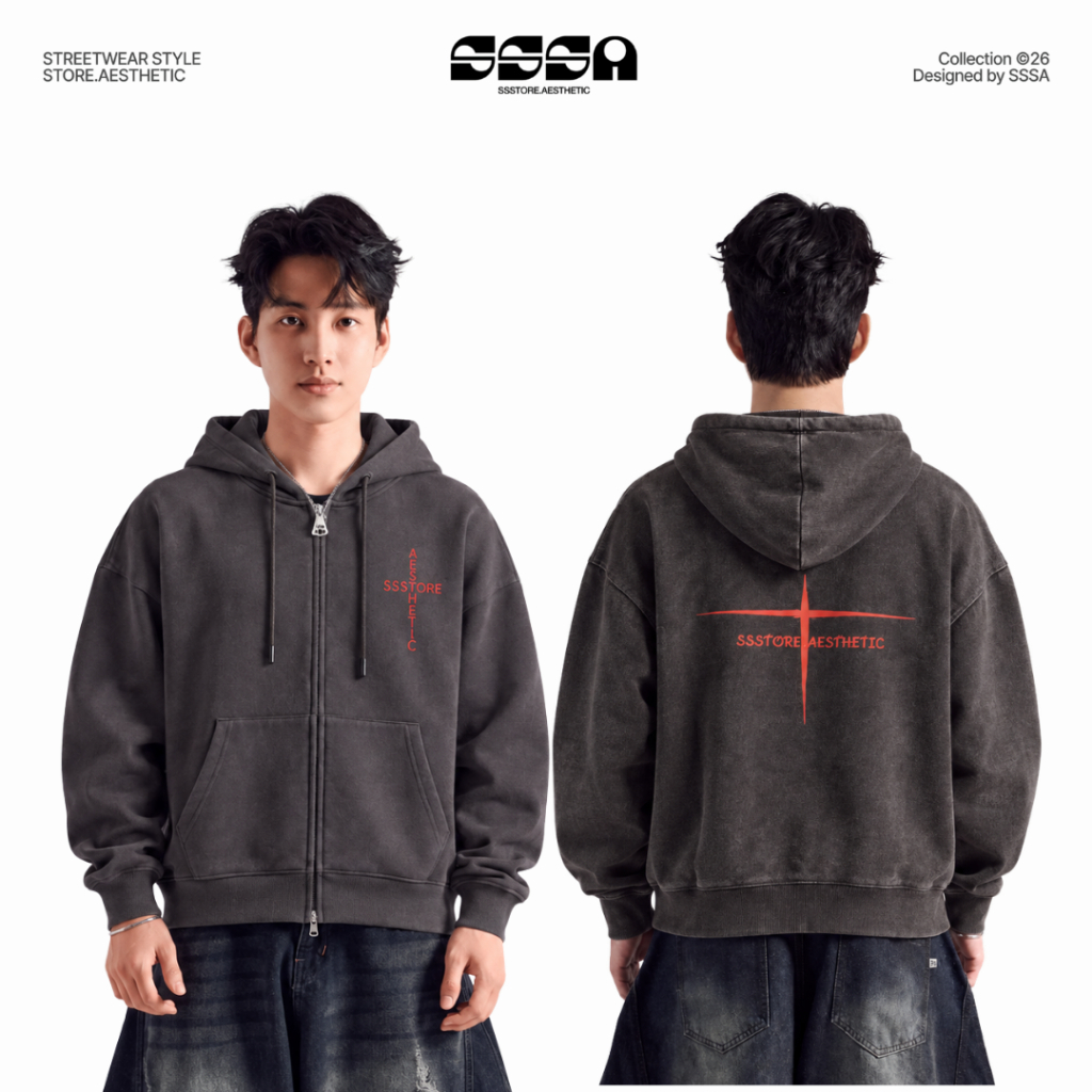 Áo Khoác Zip Dấu Thập Wash Nỉ Chân Cua Form Boxy Unisex Rộng Nam Nữ | SSSTORE.Aesthetic