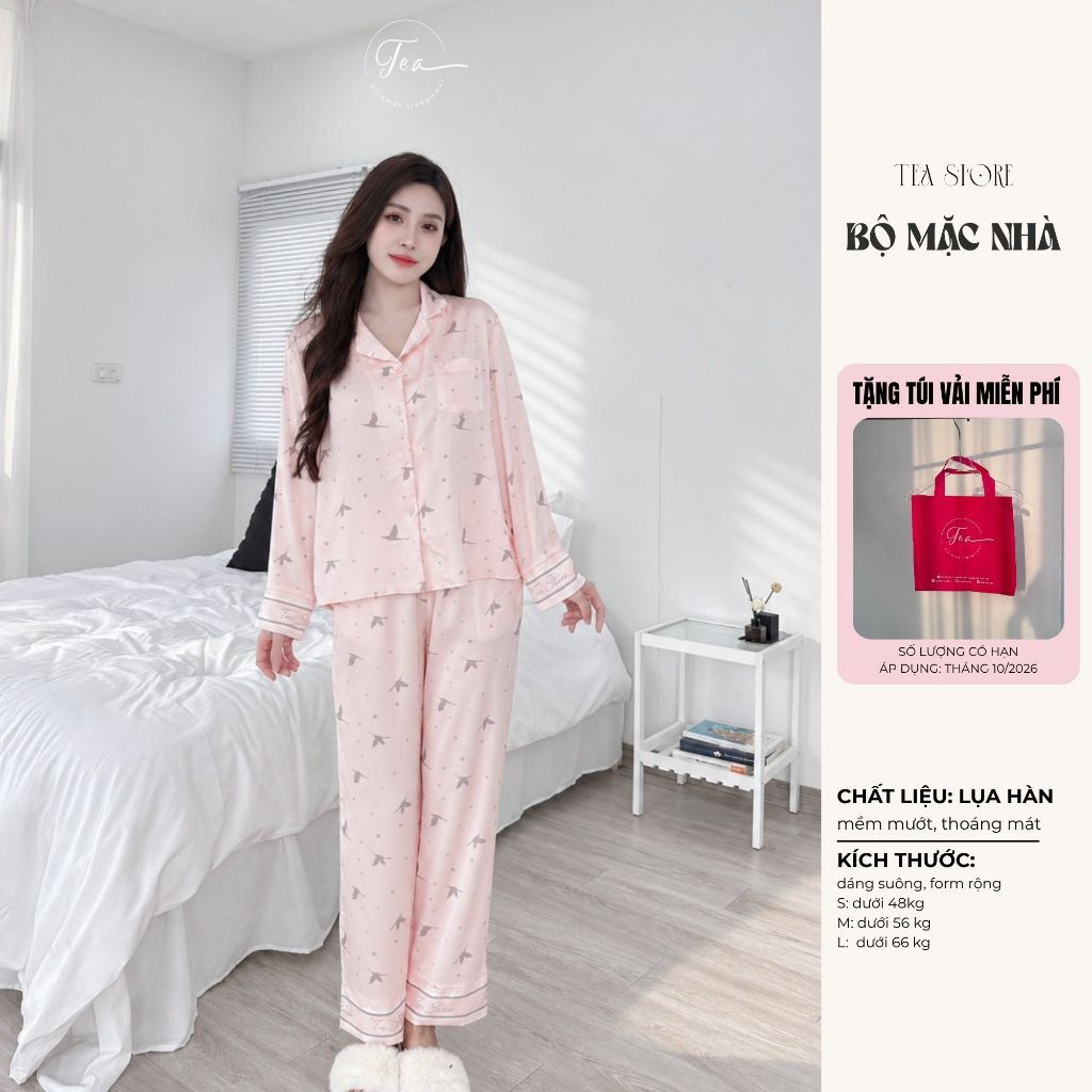 Bộ mặc nhà pyjama lụa cao cấp Tea Store tay dài quần dài họa tiết hạc