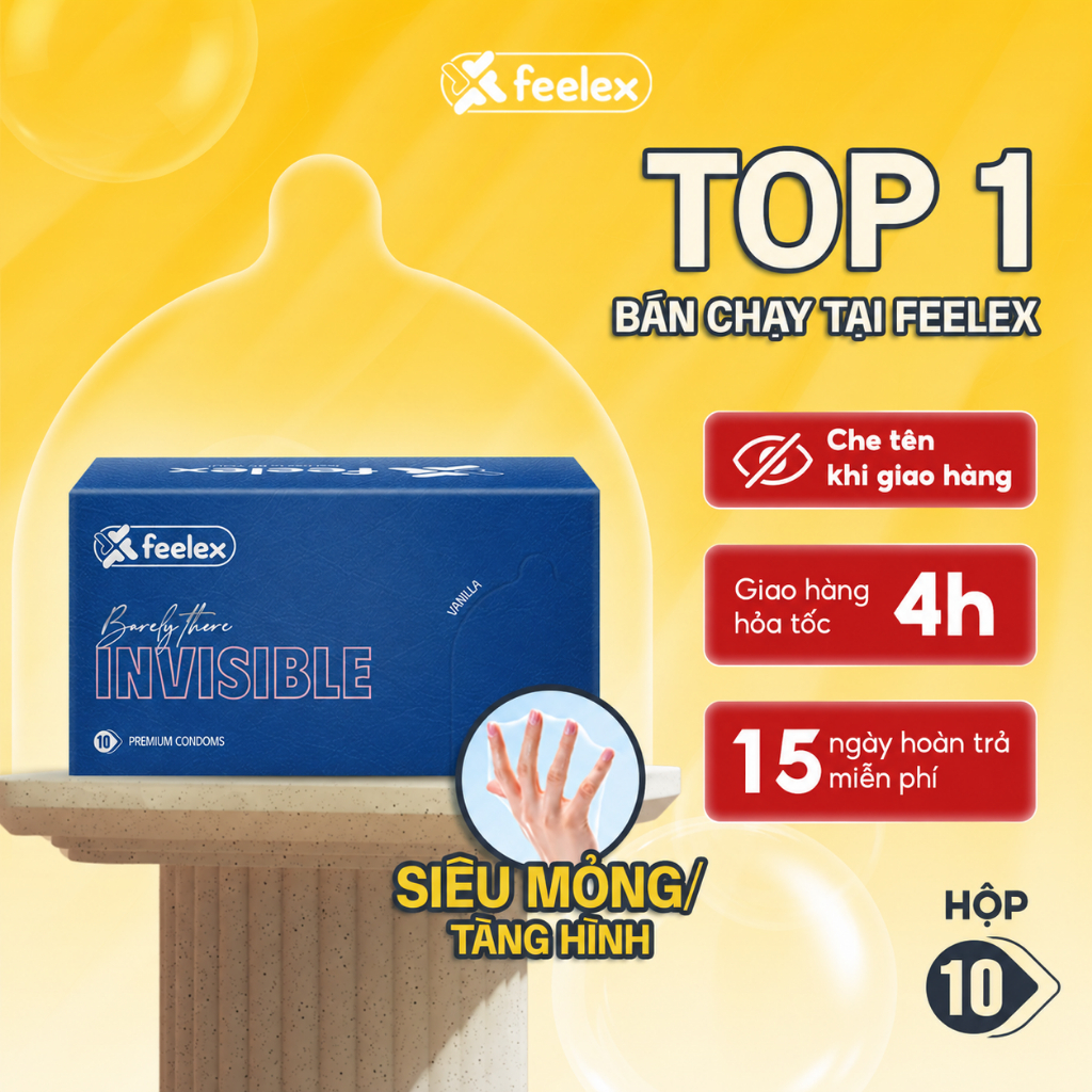 Bao cao su siêu mỏng Feelex Condoms kéo dài thời gian, gân gai, nhiều gel bôi trơn hộp 10 chiếc