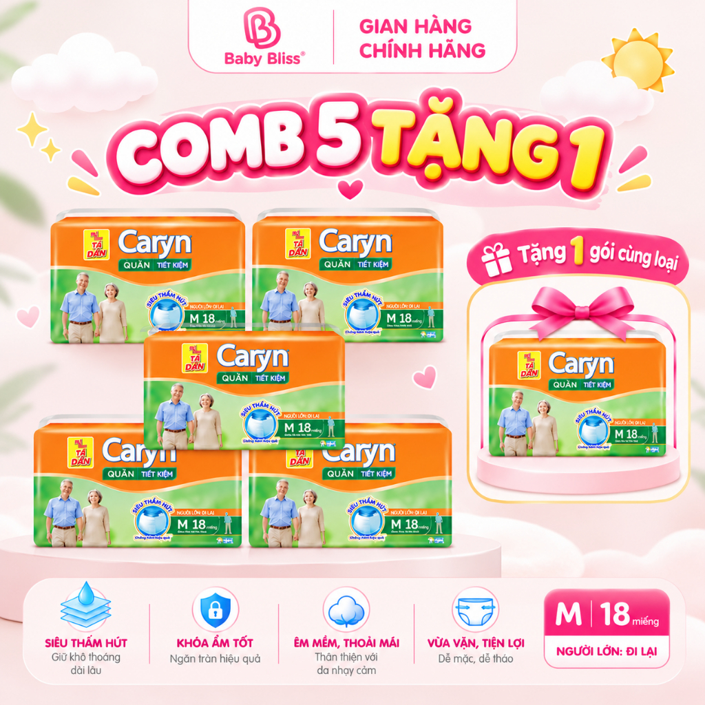 [COMBO 5 TẶNG 1] Tã quần người lớn Caryn ngày và đêm chính hãng M10/L10/ M18/L18 Bỉm quần người lớn Caryn hàng bình dân