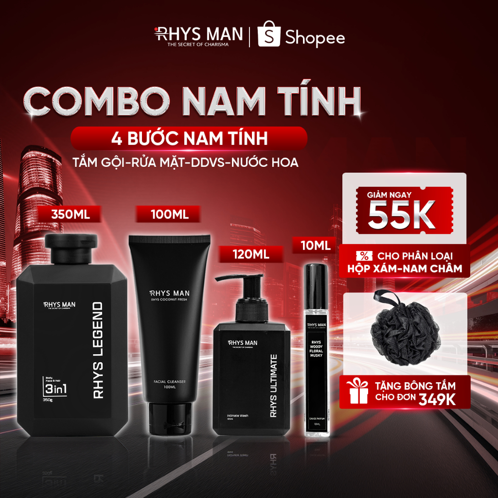 Combo Sữa tắm gội nam 3in1 350ml & Sữa rửa mặt 100ml & Dung dịch vệ sinh 120ml & Nước hoa 10ml Rhys Man - Combo Nam Tính