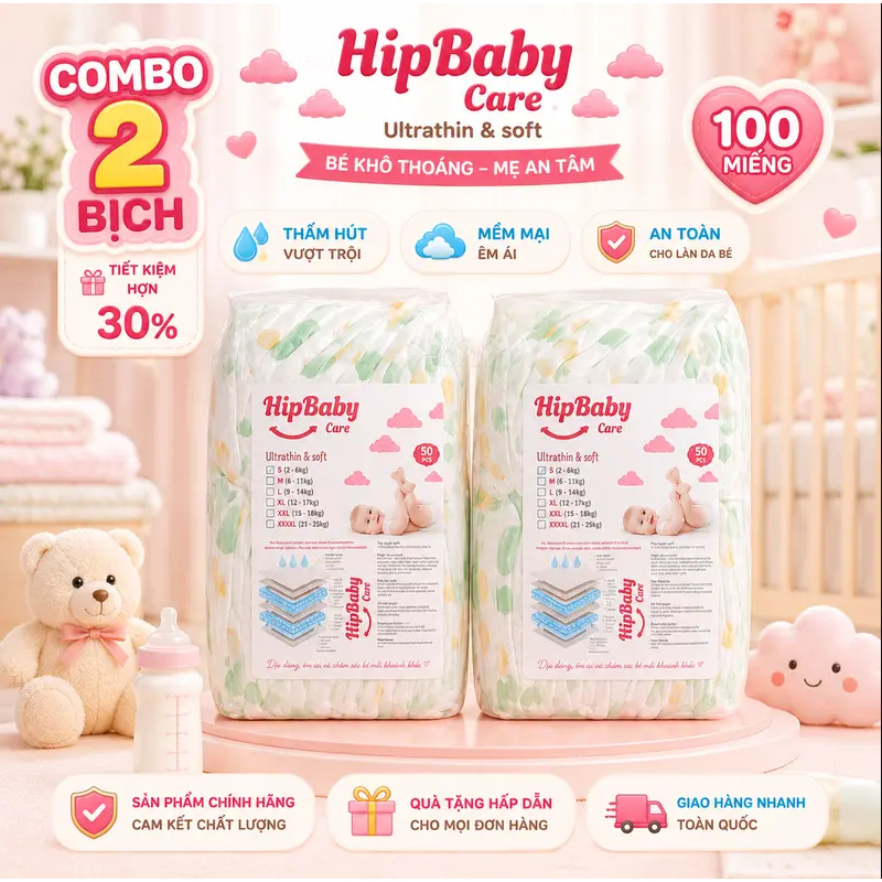 [Combo 100 miếng] Bỉm Quần Hipbaby Care Thấm Hút Tốt Đủ Size S-3XL, Bỉm Trẻ Em Hipbaby Care