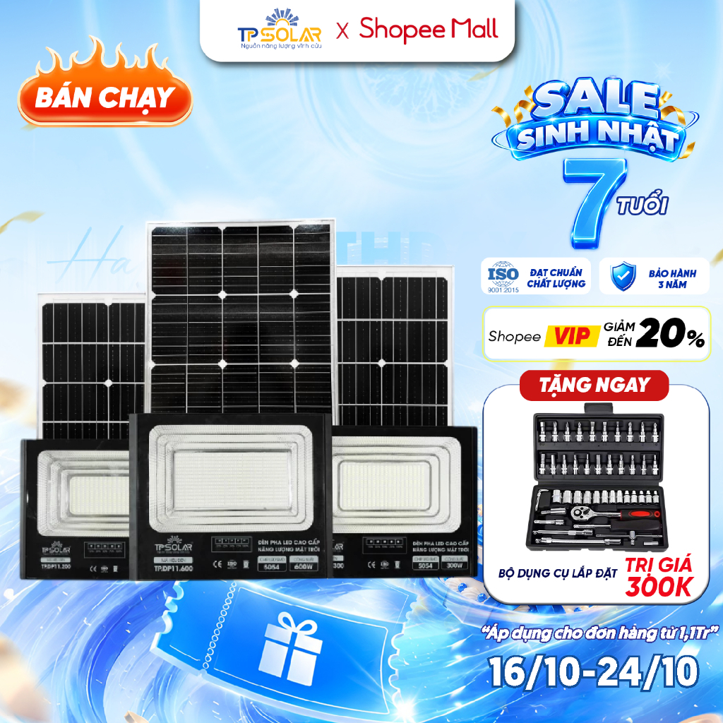 Đèn Pha Năng Lượng Mặt Trời TP SOLAR 200W, 300W, 600W Chiếu Sáng 100-300m2, Vỏ Hợp Kim Nhôm, Sáng Xuyên Đêm