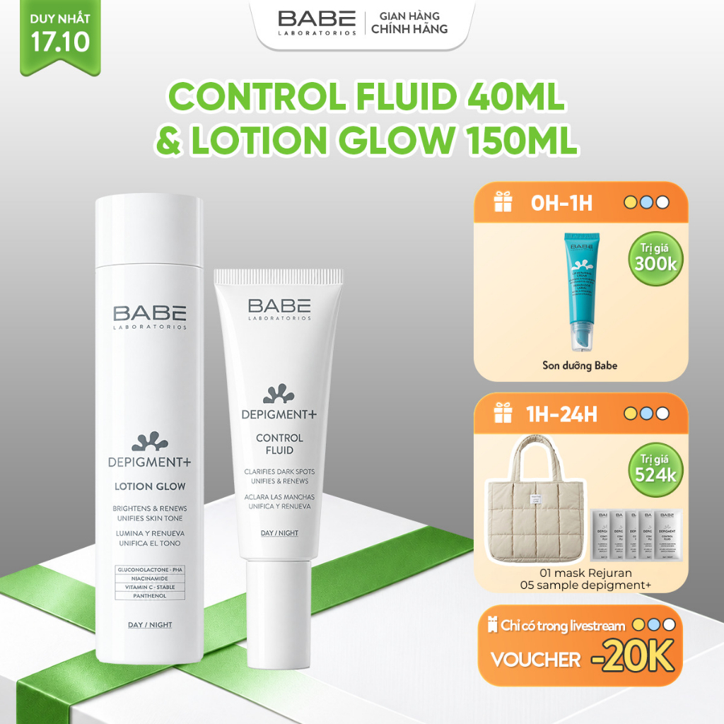 Bộ Đôi Lotion Và Kem Dưỡng Dưỡng Sáng Mờ Thâm BABE DEPIGMENT+ Lotion Glow 150ml & Control Fluid 40ml