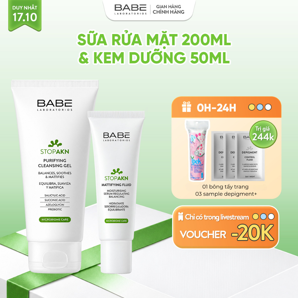Bộ đôi Làm Sạch Và Dưỡng Ẩm Kiềm Dầu BABE Stop AKN Purifying Cleansing Gel + Mattifying Fluid 50ml