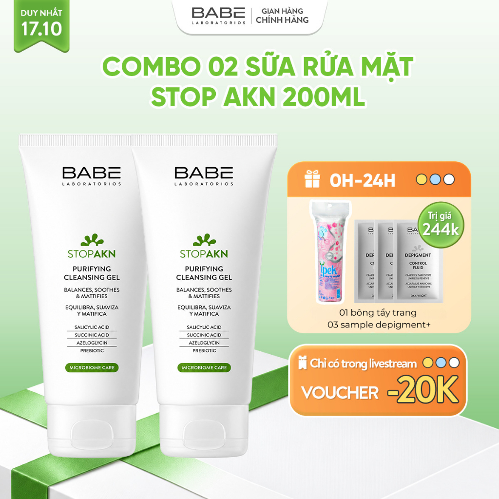 Bộ Đôi Sữa Rửa Mặt Cho Da Dầu Mụn Sạch Sâu Ngừa Mụn BABE Stop AKN Purifying Cleansing Gel 200ml