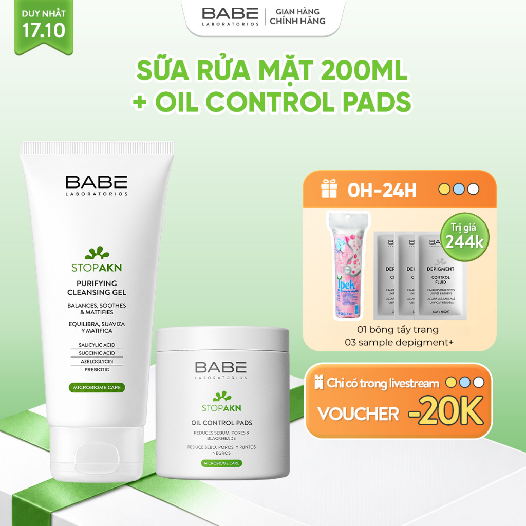 Bộ Đôi Làm Sạch, Dưỡng Ẩm, Kiềm Dầu BABÉ Stop AKN Purifying Cleansing Gel 200ml + Bông Dưỡng Oil Control Pads