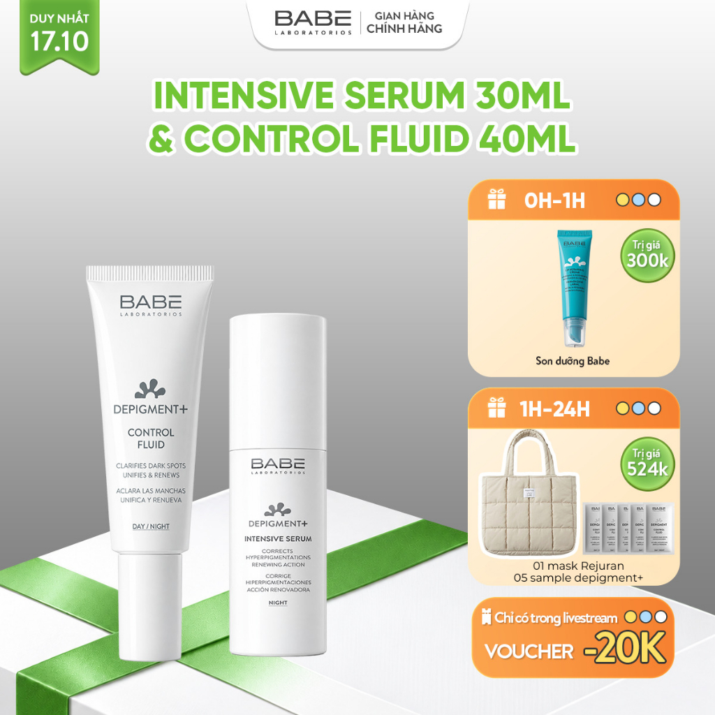 Bộ Đôi Tinh Chất Và Kem Dưỡng Dưỡng Sáng Mờ Thâm BABE DEPIGMENT+ Intensive Serum 30ml & Control Fluid 40ml