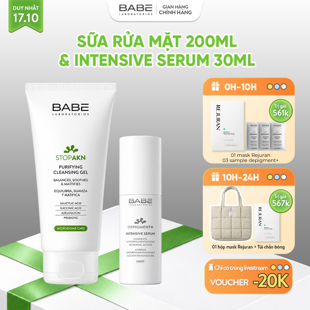 Bộ Đôi Tinh Chất BABE Depigment+ Intensive Serum 30ml & Sữa Rửa Mặt Purifying Cleansing Gel 200ml