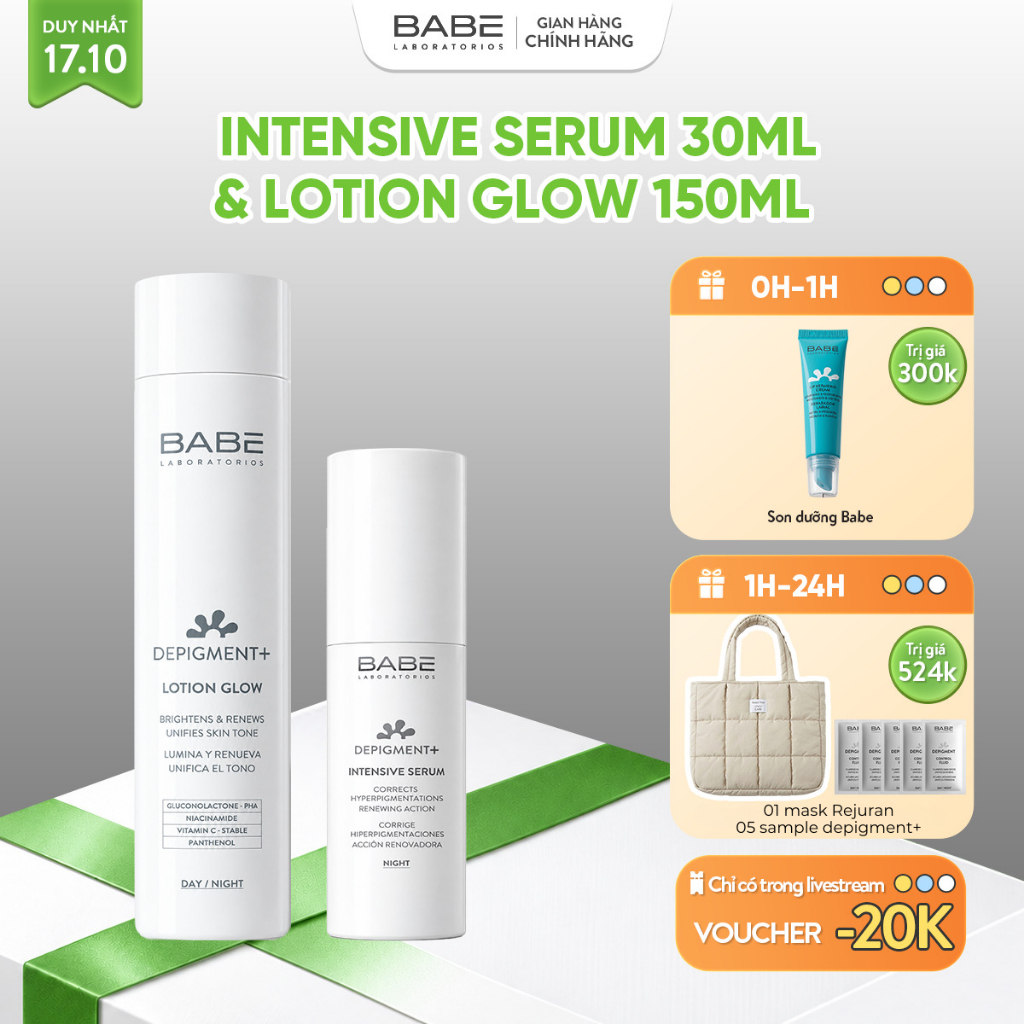 Bộ Đôi Dưỡng Sáng Da, Mờ Thâm BABÉ Depigment+ Lotion Glow 150ml + Intensive Serum 30ml