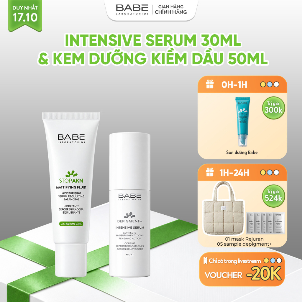 Bộ Đôi Tinh Chất Dưỡng Sáng BABE DEPIGMENT+ Intensive Serum & Kem Dưỡng Kiềm Dầu Stop AKN Mattifying Fluid 50ml