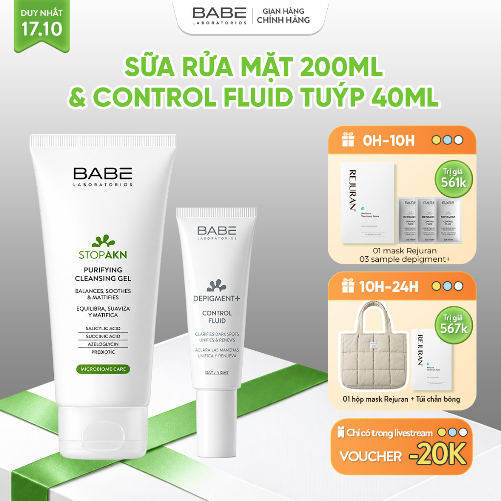 Bộ Đôi Sữa Rửa Mặt BABE Stop AKN Purifying Cleansing gel 200ml & BABE DEPIGMENT+ Control Fluid Tuýp 40ml