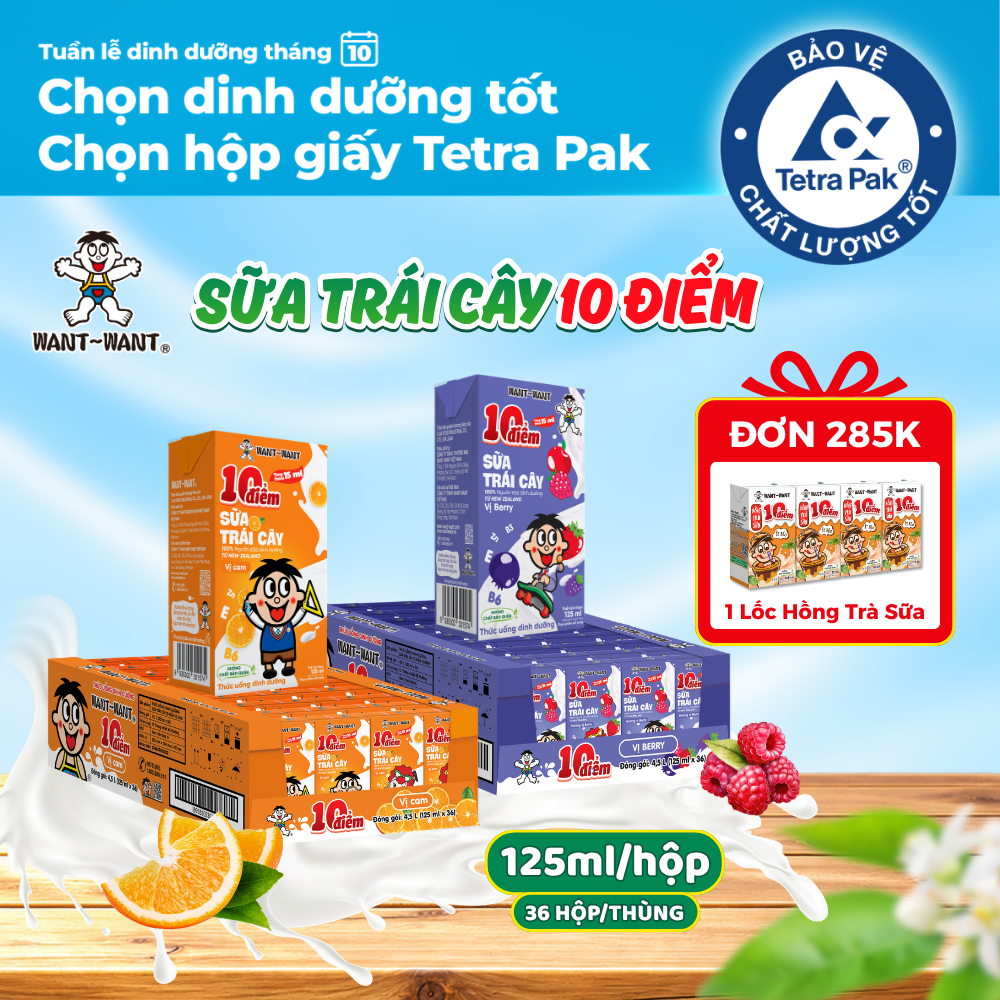 Sữa Trái Cây 10 Điểm Want Want Thùng 125mlx36 Nhiều Vị, Thực Phẩm Bổ Sung Tiện Lợi