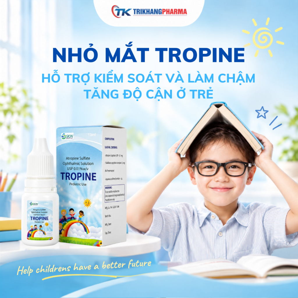 [T6/2028] TROPINE 0.01% – Nhỏ Mắt Kiểm Soát Cận Thị – An Toàn Cho Trẻ Từ 6 Tuổi