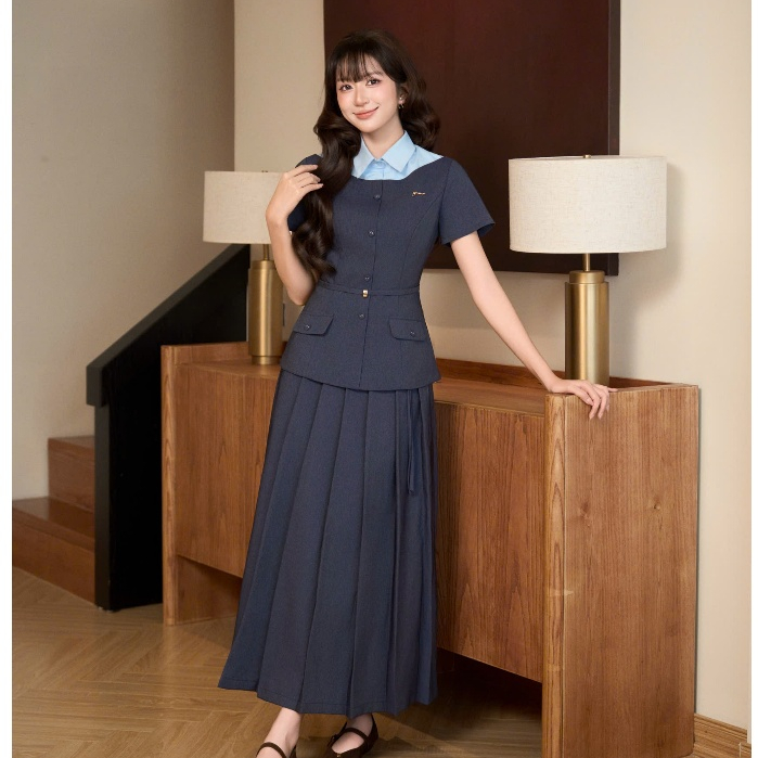 Áo peplum nữ GERME Neyni phối vest sơ mi liền cổ đức kèm đai rời AVNH062601, Chân váy nữ VVNH062601
