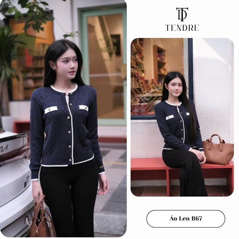 TENDRE - Áo Len Nữ Dệt Gân Dáng Ôm Phối Viền Cổ Tròn Cúc Hoa,  Áo Len Cardigan Nữ Màu Basic Tiểu Thư Thanh Lịch B67