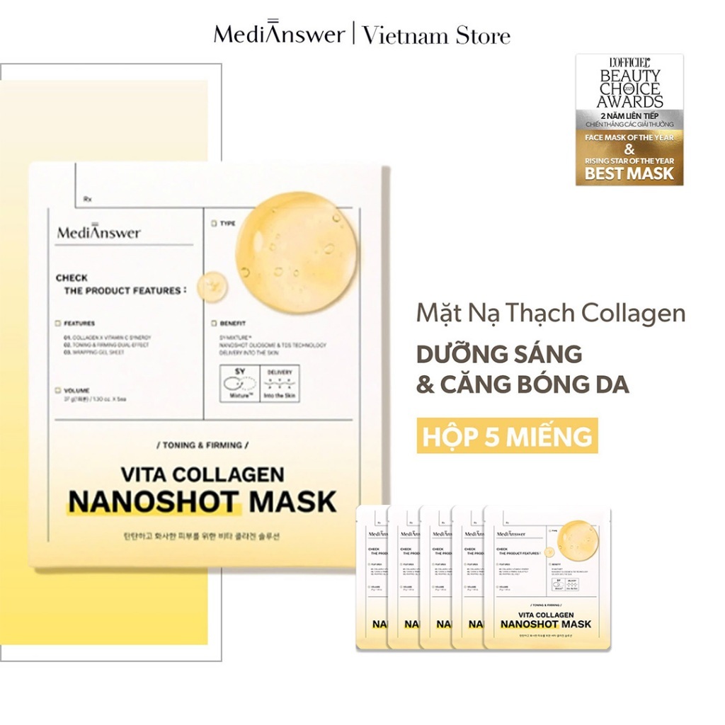 Mặt Nạ Thạch Collagen Nano Sáng Da Căng Bóng MediAnswer Vita Collagen Nanoshot Mask 37g | Hộp 5 Miếng