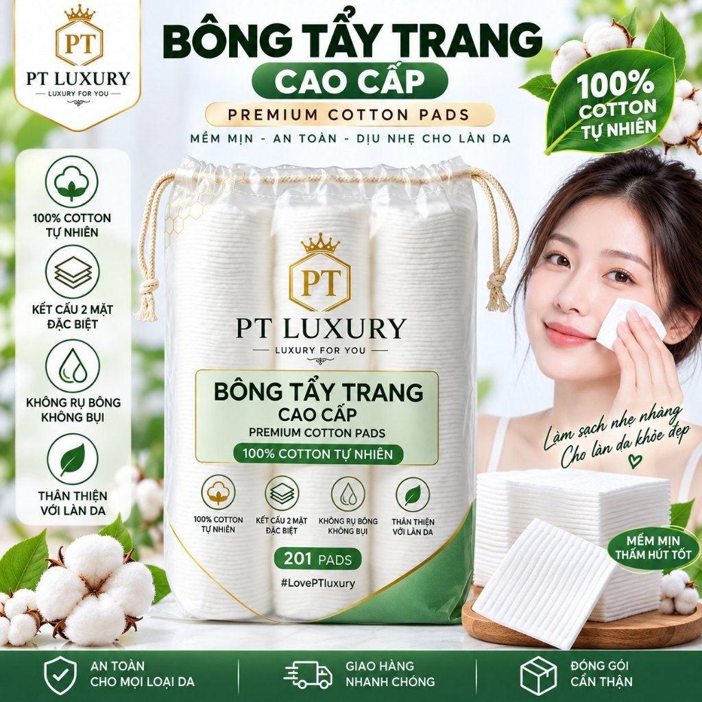 [ COMBO 3 GÓI ] Bông Tẩy Trang PTLUXURY 201 Miếng 100% Cotton Mềm Mịn Thấm Hút Tốt An Toàn Làm Sạch Da