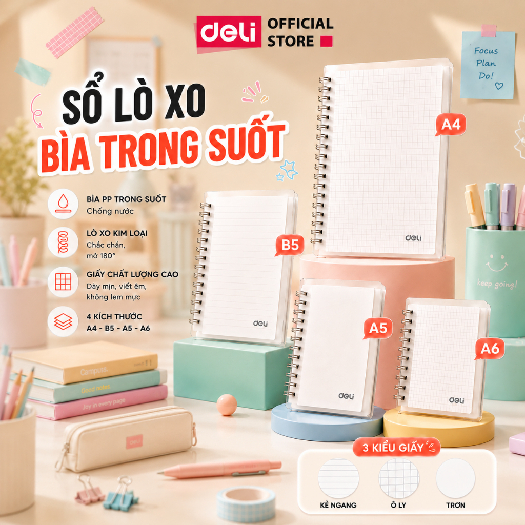 [🔥9K] Sổ lò xo bìa trong 160 Trang A5/B5/A4 Deli - Sổ tay giấy kẻ ngang, kẻ caro, trơn chống lóa