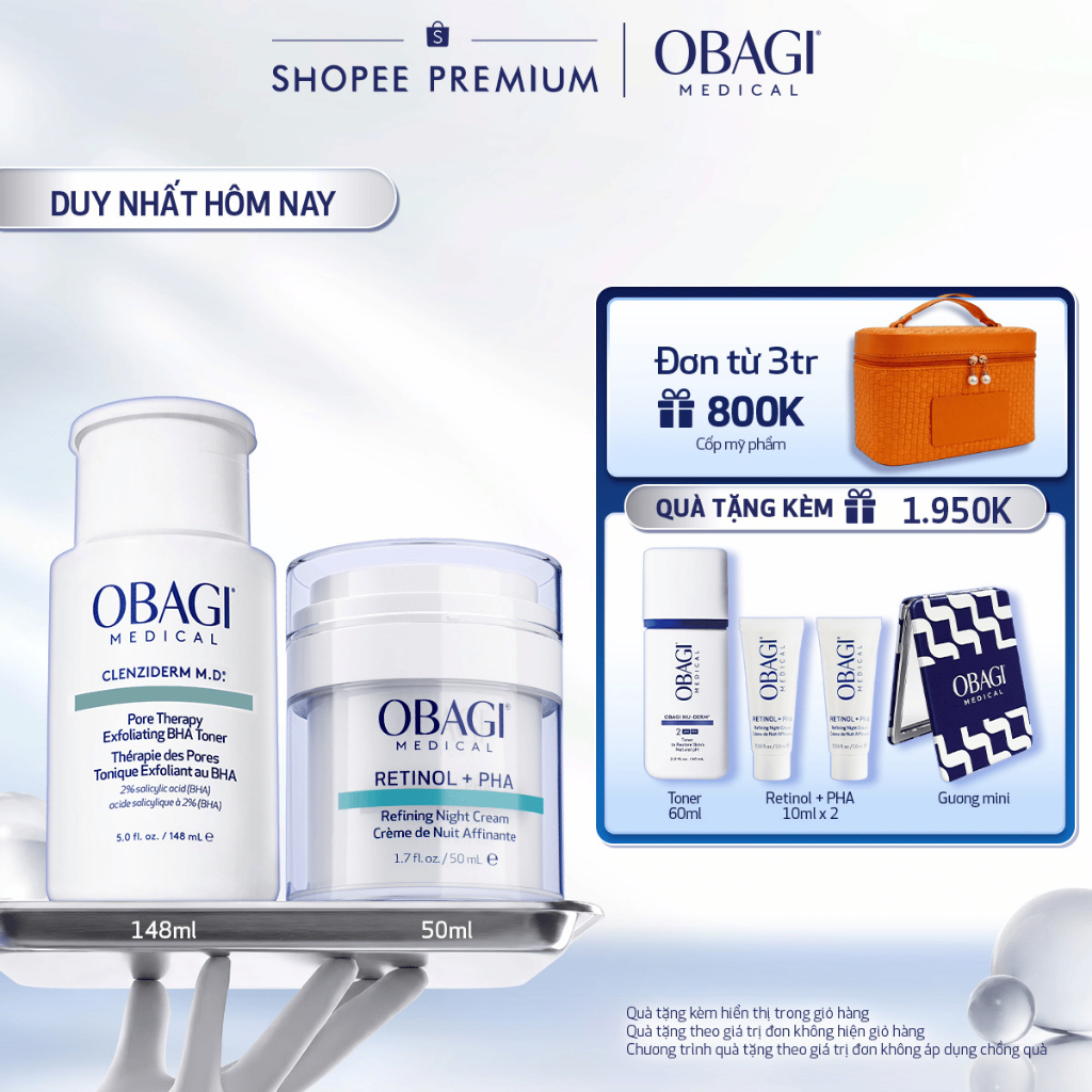 [Voucher SVIP 18%] Bộ đôi Kem Dưỡng Đêm Obagi Retinol + PHA 50ml và Toner Obagi Clenziderm M.D. Exfoliating 2% BHA 148ml