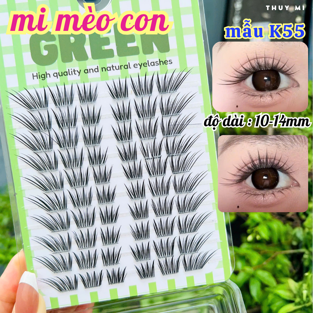 Mi Giả Mèo Con K55 Xòe Dài Đuôi Mắt Độ Dài 10-14mm GREEN Thủy Mi