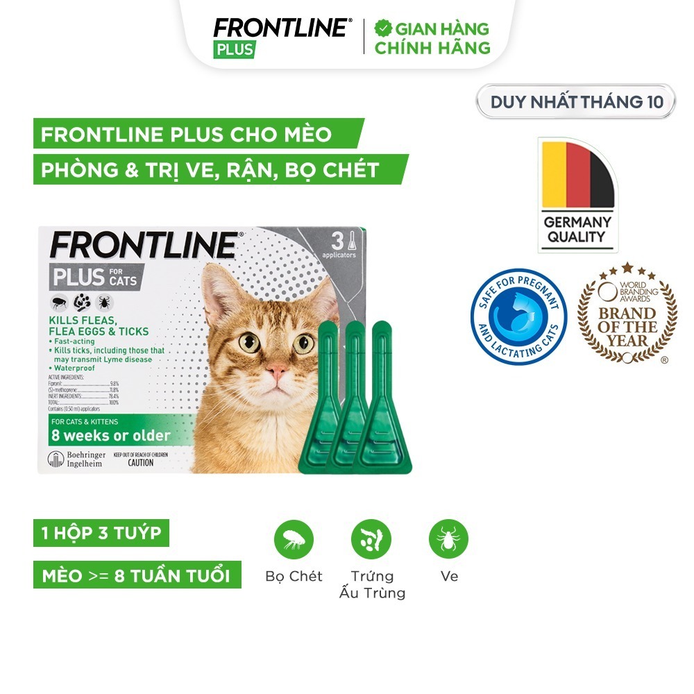 Frontline Plus - Tuýp nhỏ gáy phòng ve, rận, bọ (trứng, ấu trùng, con trưởng thành) cho mèo - 1 hộp 3 tuýp