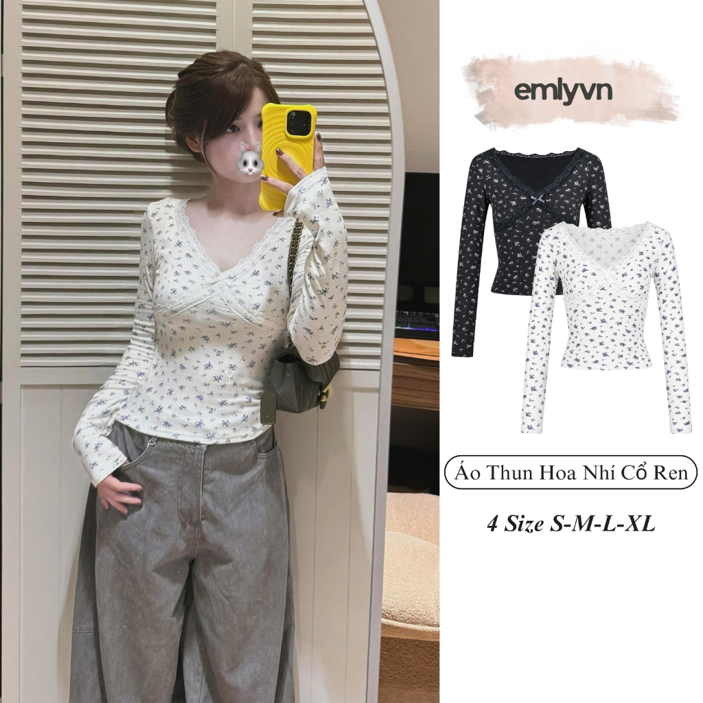 Áo Thun Hoa Nhí Nữ EMLYVN Dài Tay Cổ Tim Phối Ren Xinh Xắn, Áo Thun Kiểu Ôm Body Nữ Vintage