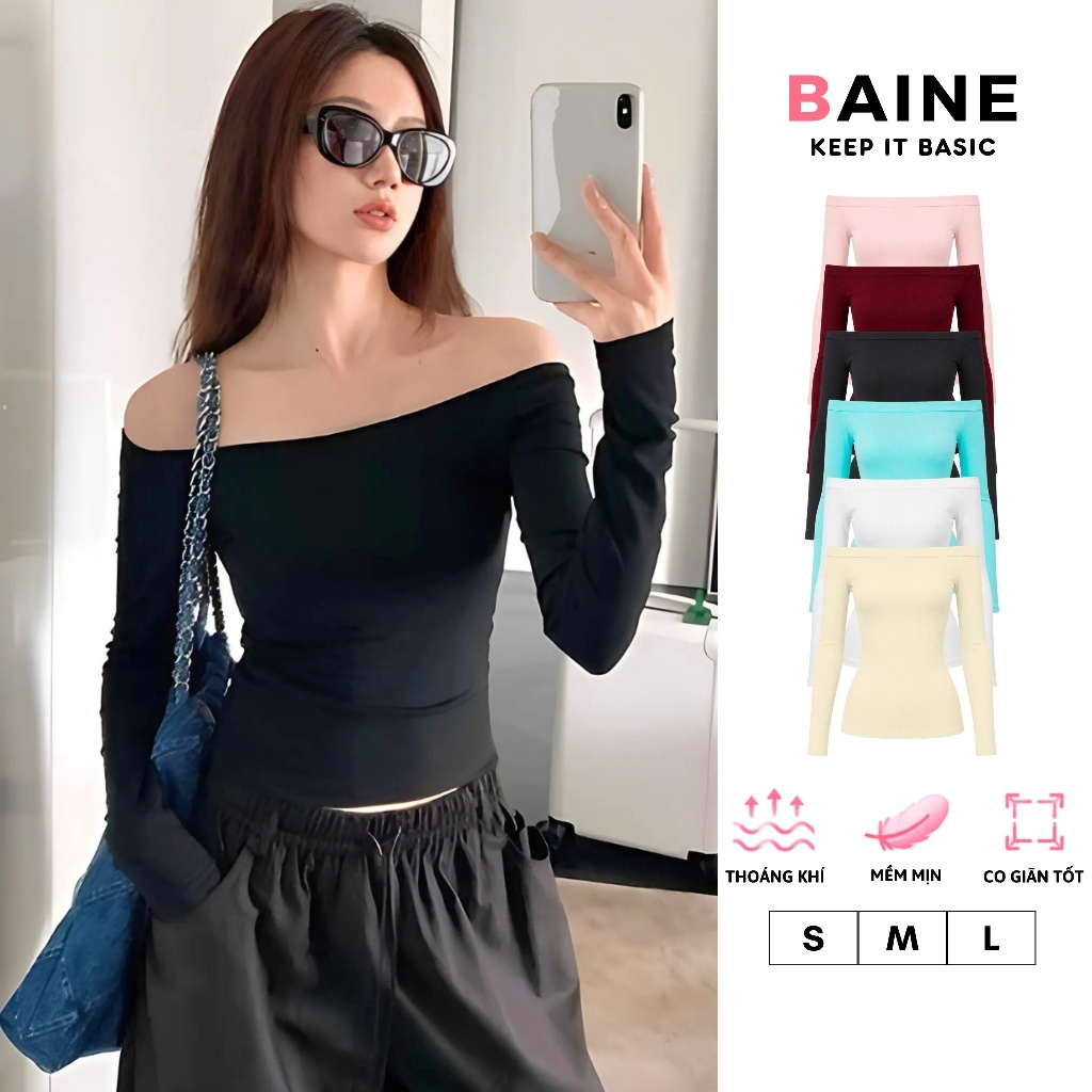Áo Thun Nữ Ôm Body TAY DÀI TRỄ VAI BORIP LỤA Dáng Dài DD157, Áo Bẹt Vai Gợi Cảm Kiểu Trơn BAINE | BigBuy360 - bigbuy360.vn
