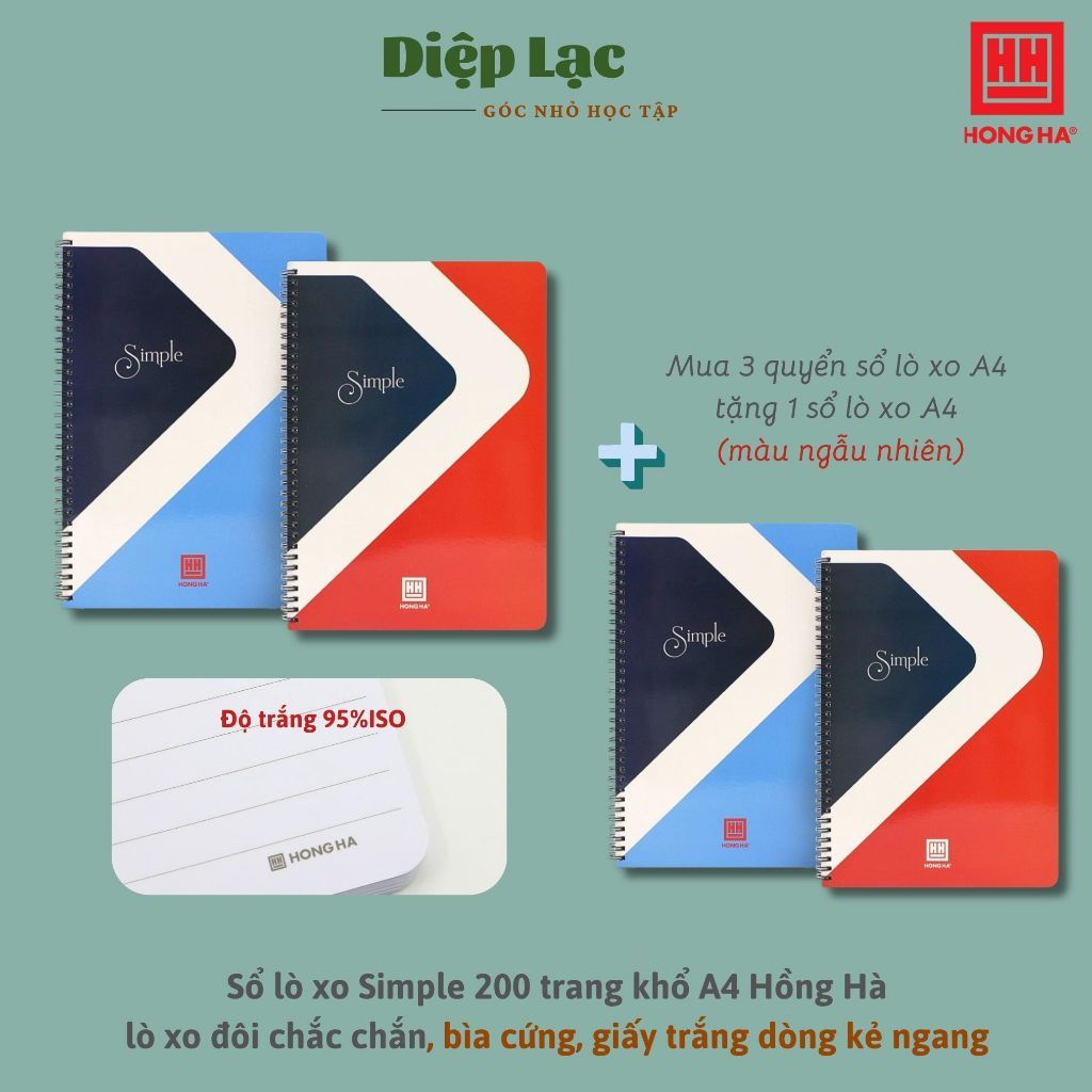 (Mua 3q tặng 1q cùng loại ) Số lò xo A4 200tr Hồng Hà Simple giấy trắng ĐL70gsm kẻ ngang 3010 sổ ghi