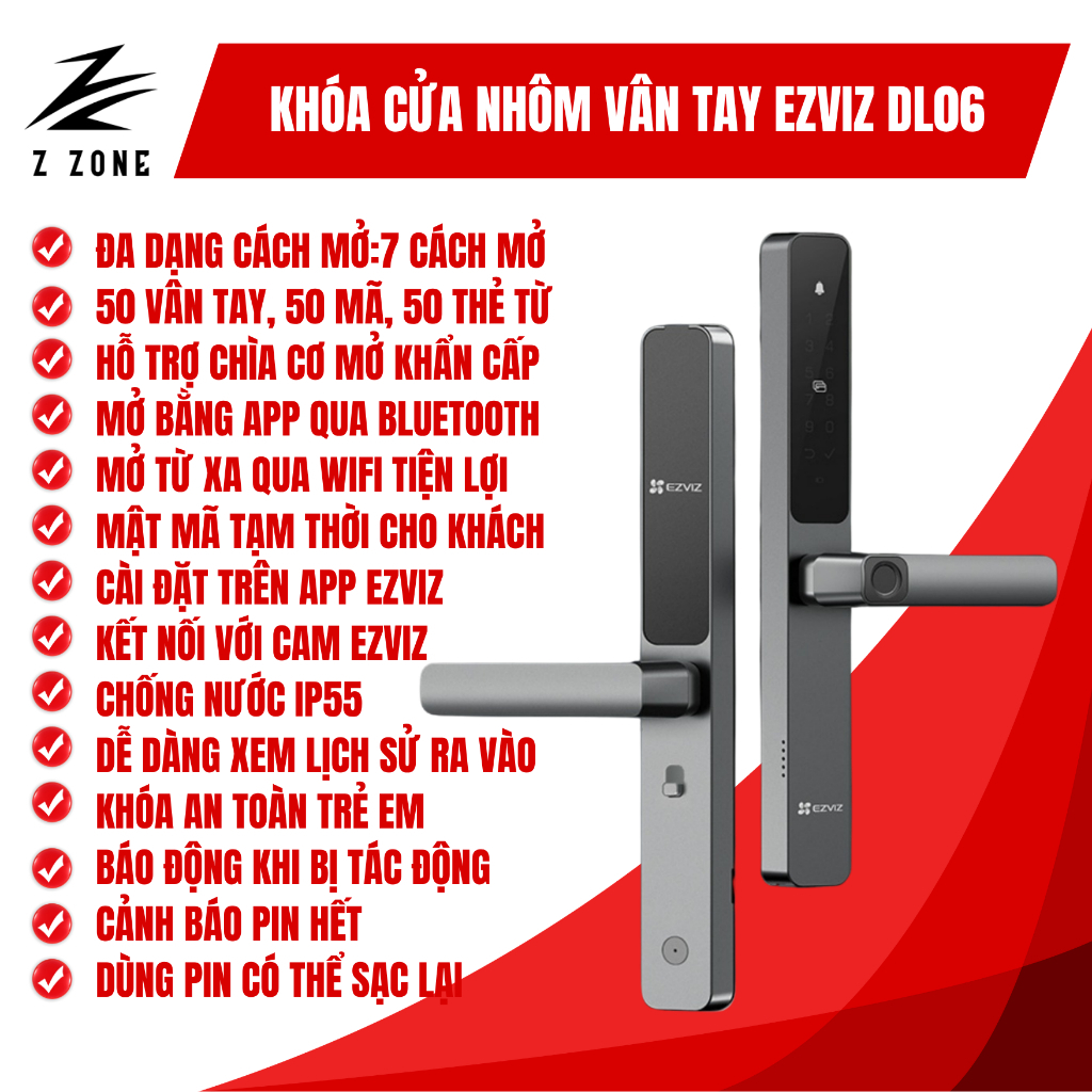 Khóa Cửa Nhôm Vân Tay Thông Minh EZVIZ DL06 – Mở Khóa Từ Xa Qua App, Vân Tay, Thẻ Từ, Mật Khẩu