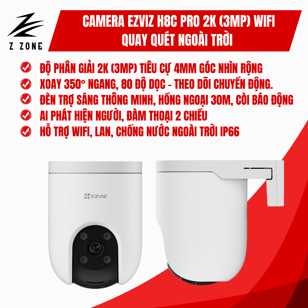 Camera Ezviz H8C Pro 2K (3MP) Xoay WiFi Ngoài Trời – Quay Quét 360°, AI Thông Minh, Chống Nước IP66