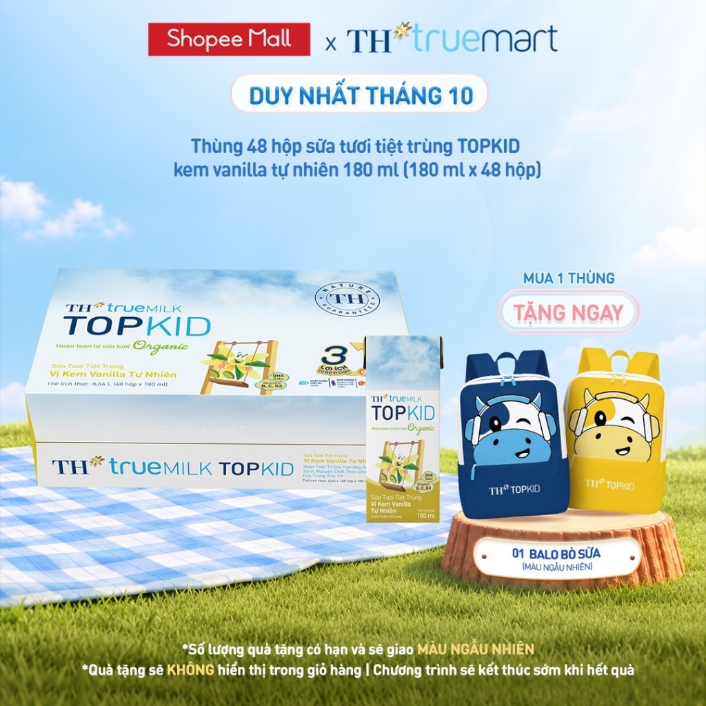Thùng 48 hộp sữa tươi tiệt trùng TOPKID kem vanilla tự nhiên TH true MILK 180ml