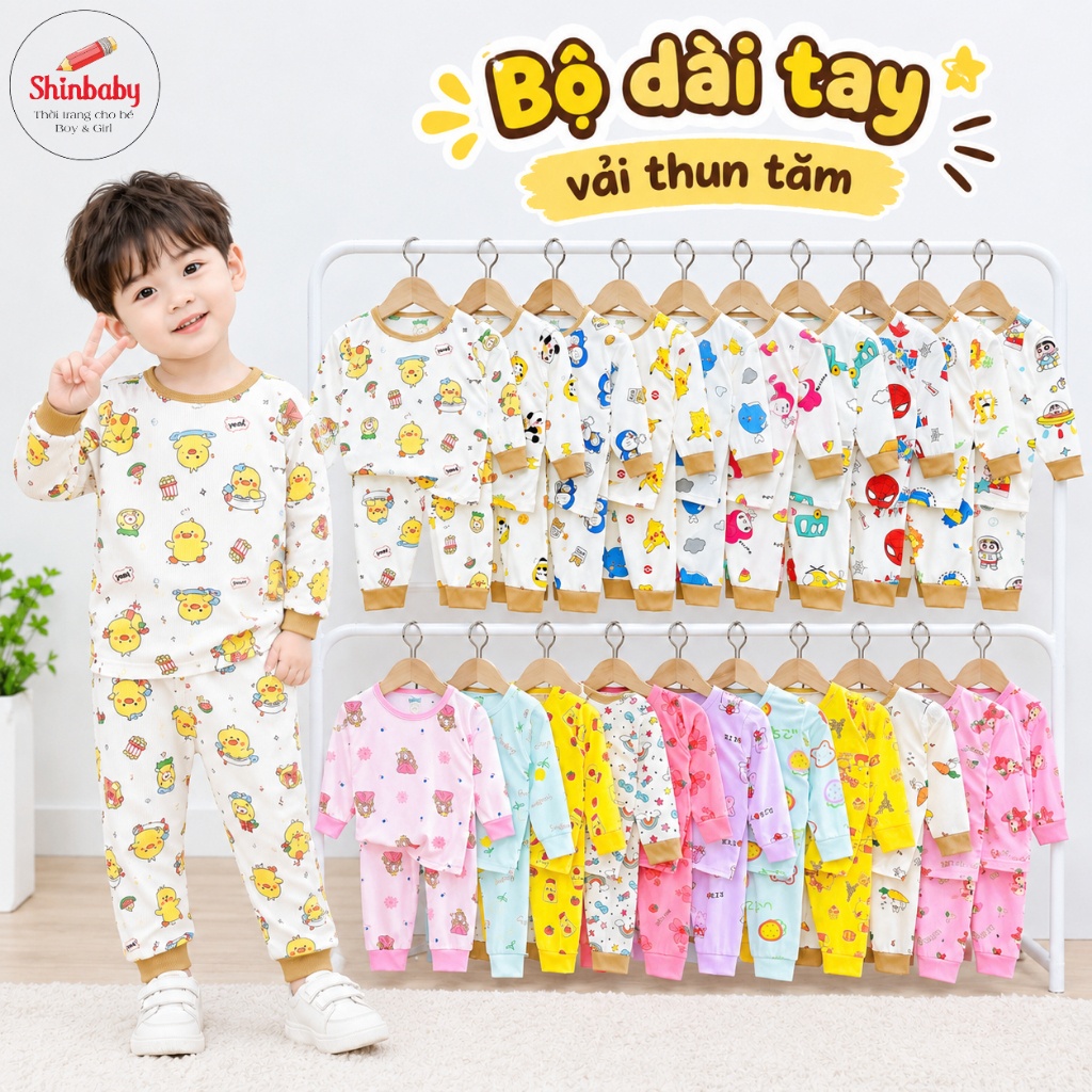 Combo 3 Bộ Quần Áo Dài Tay Vải Thun Tăm Họa Tiết Cho Bé 3-16kg (GIAO NGẪU NHIÊN)