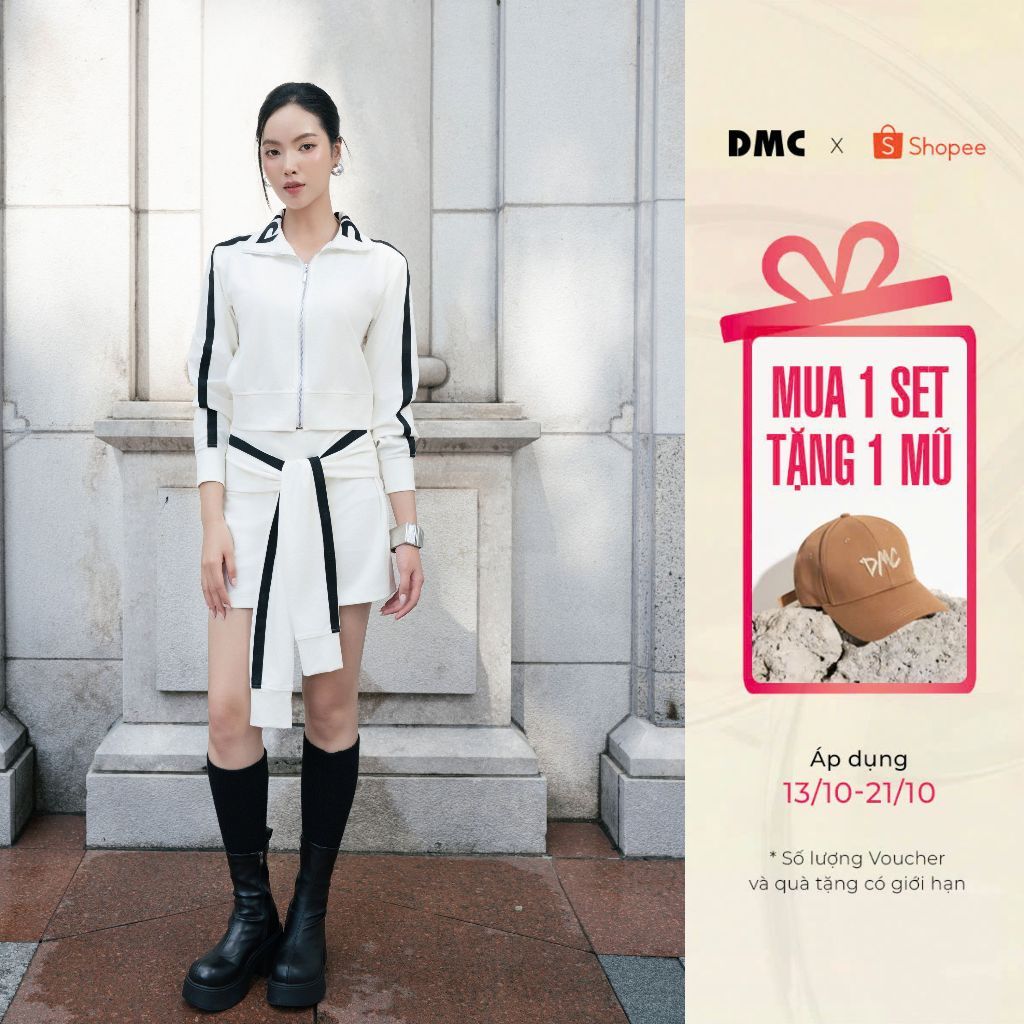 [BST Thu đông] DMC Set Bộ Nữ Áo Khoác Lửng Sọc Chân Váy Thắt Vạt - White Knit Long Sleeves Jacket And Mini Skirt EC2