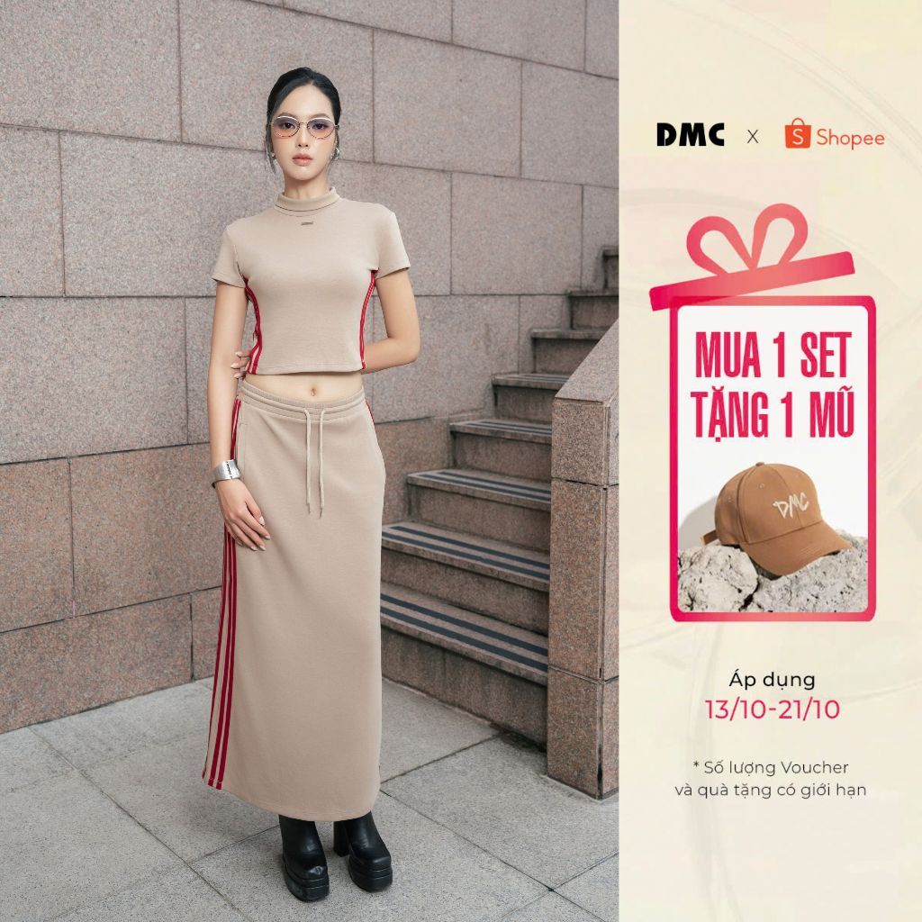 [BST Thu đông] DMC Set Bộ Nữ Áo Phối Sọc Sườn Chân Váy - Light Brown Knit Blouse And Loose Skirt EC2